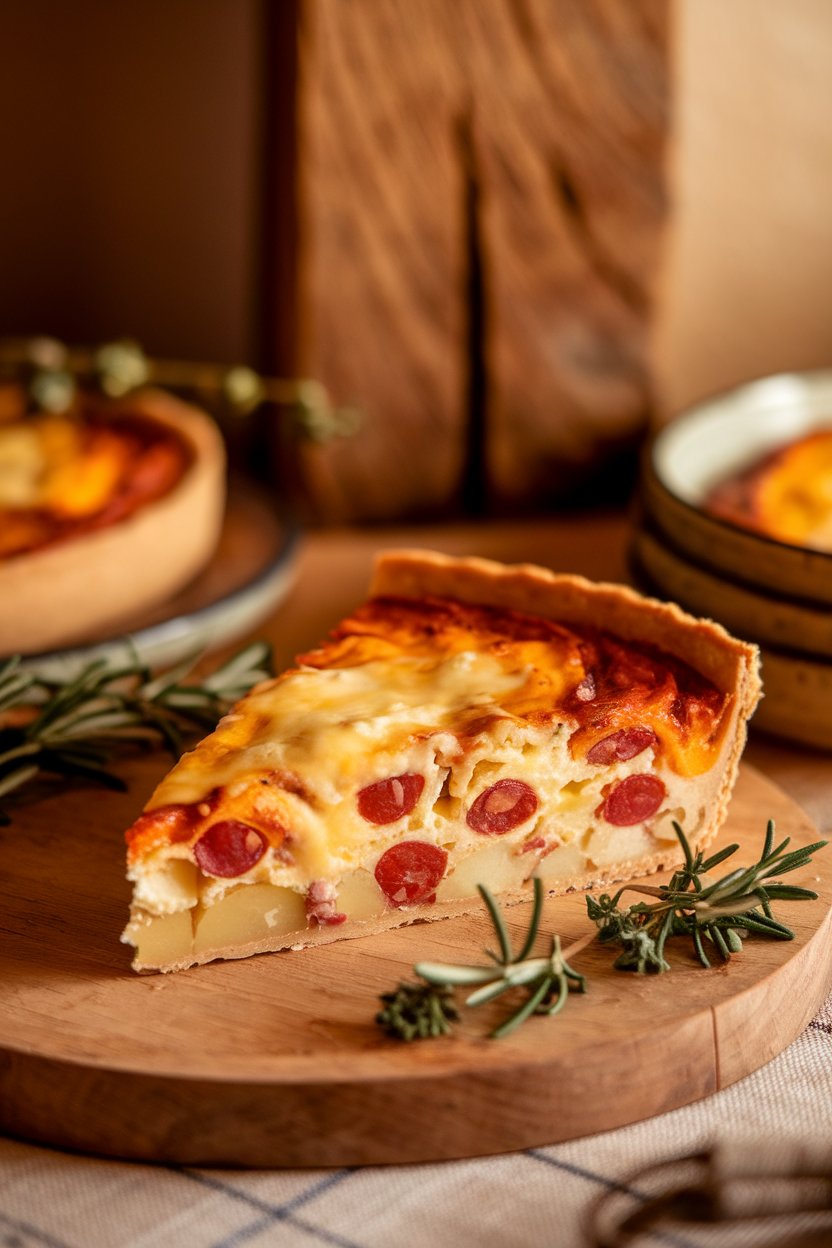 Warm indoor image of a wedge of quiche with visible chorizo bits and potato slices, melted manchego on top, no text or logos.