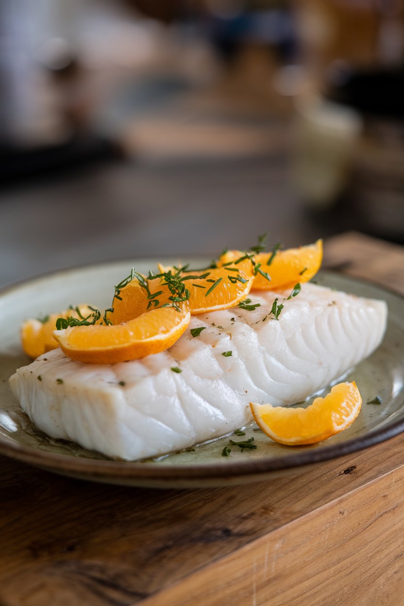 Indoor photo of white cod fillet on a plate, citrus segments and herbs on top, no text or logos