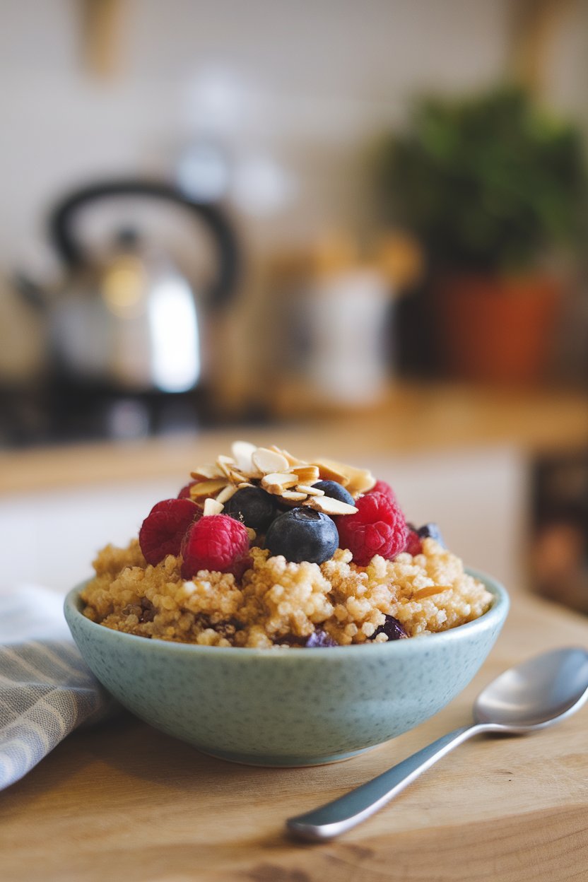 Indoor photo of a breakfast-style bowl featuring cooked quinoa topped with mixed berries, almond slivers, and a drizzle of honey. No logos or text.