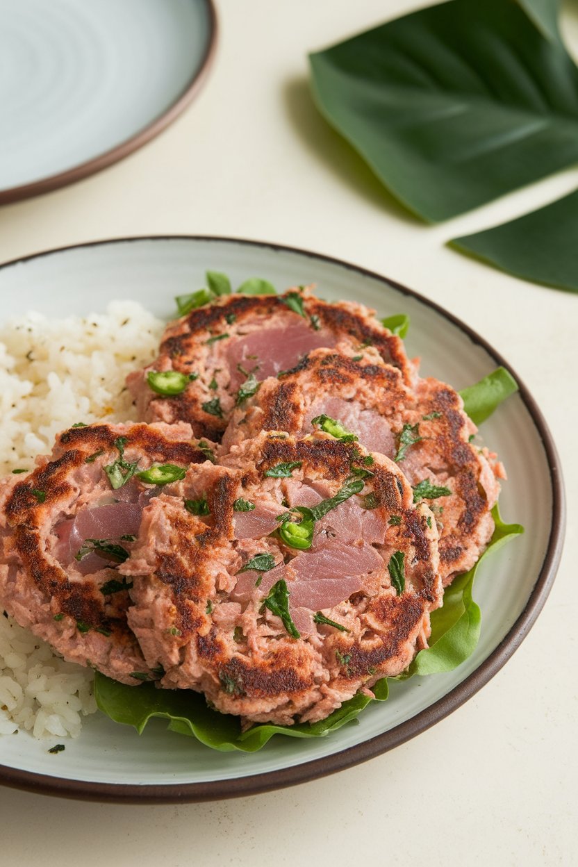 Plate of seared tuna patties flecked with green herbs and jalapeño bits, indoor photo, no branding.