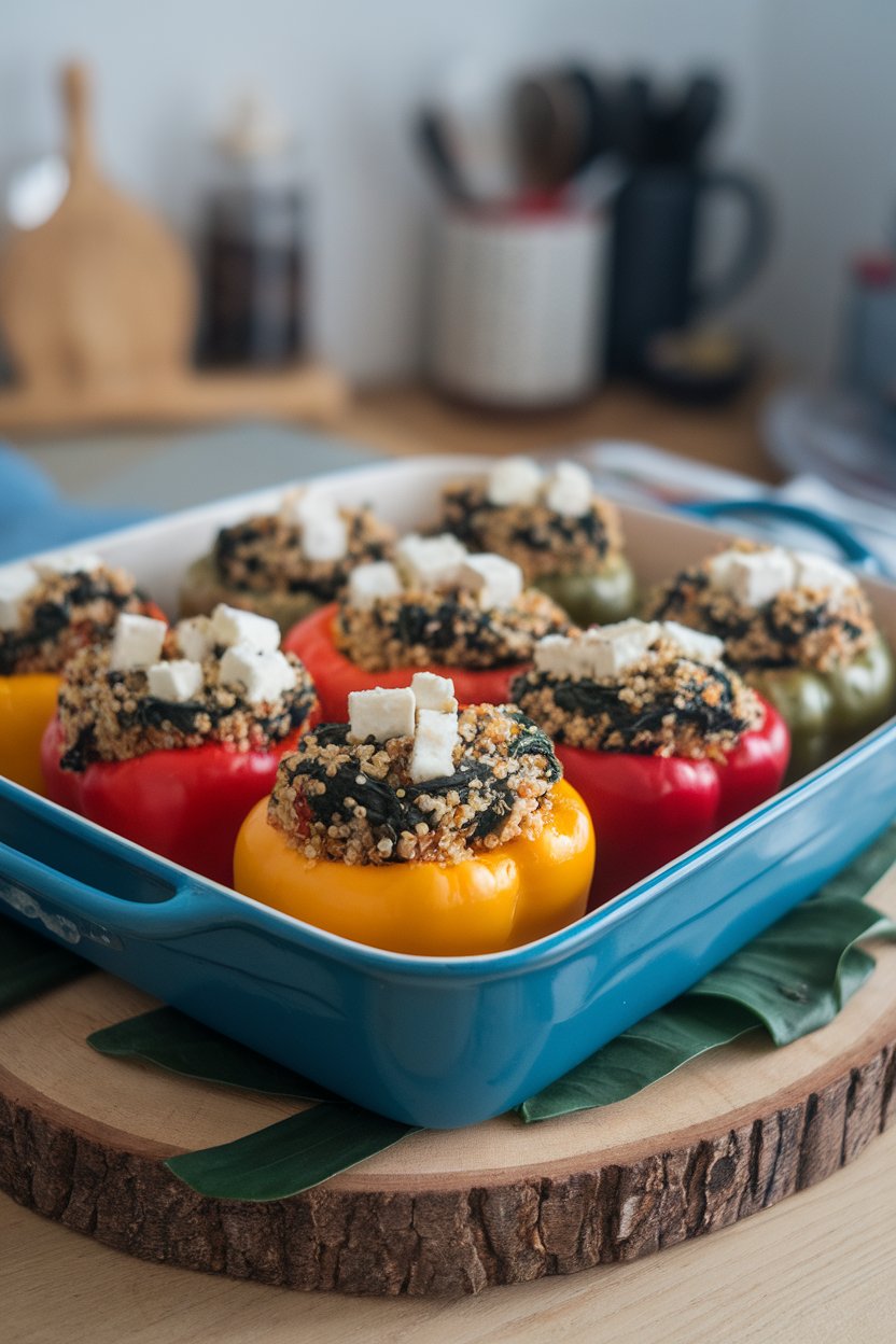 An indoor casserole dish containing colorful bell peppers stuffed with quinoa, spinach, and feta, tops slightly browned. No branding or text. Photo.