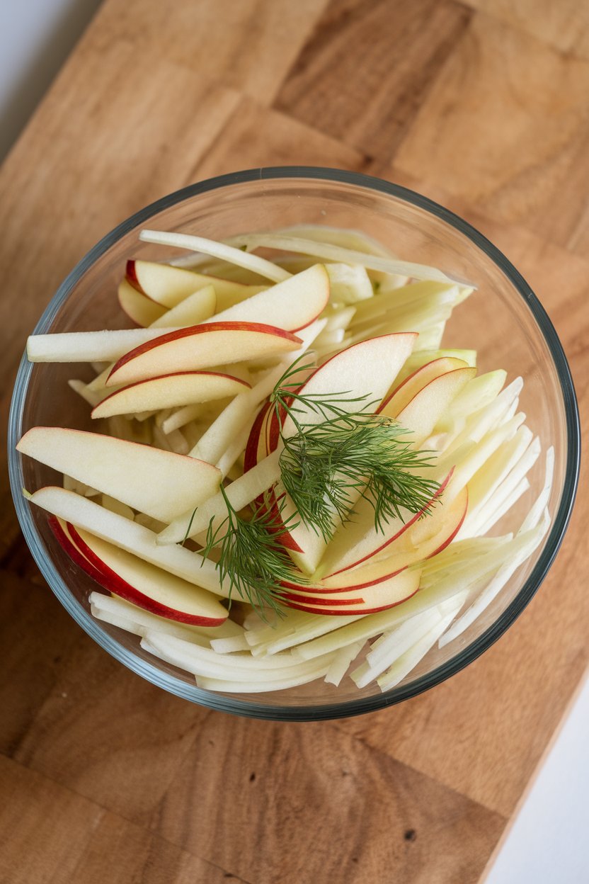 A glass bowl of thin apple and fennel slices tossed with fresh dill, indoors; no text or logos, photo only