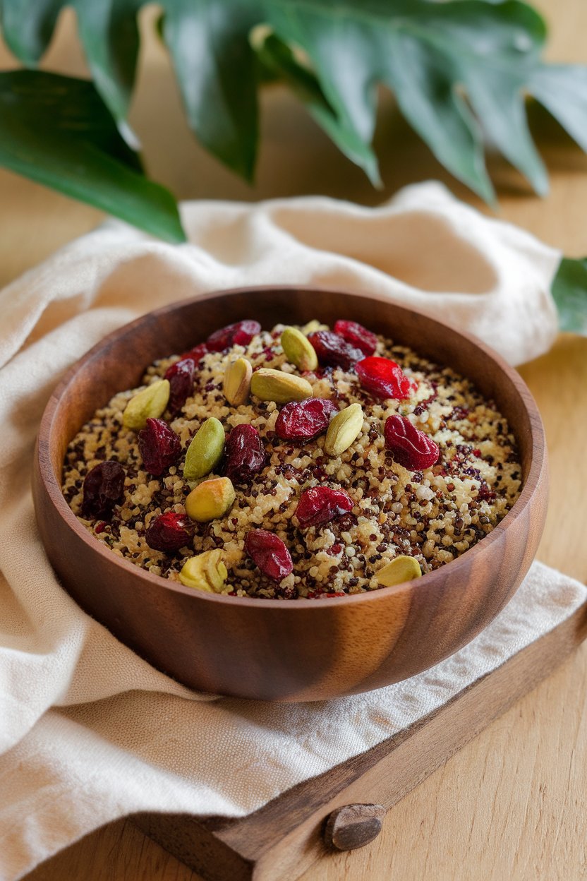 Photo of tricolor quinoa studded with dried cranberries and pistachios, set on an indoor table, no text or logos.