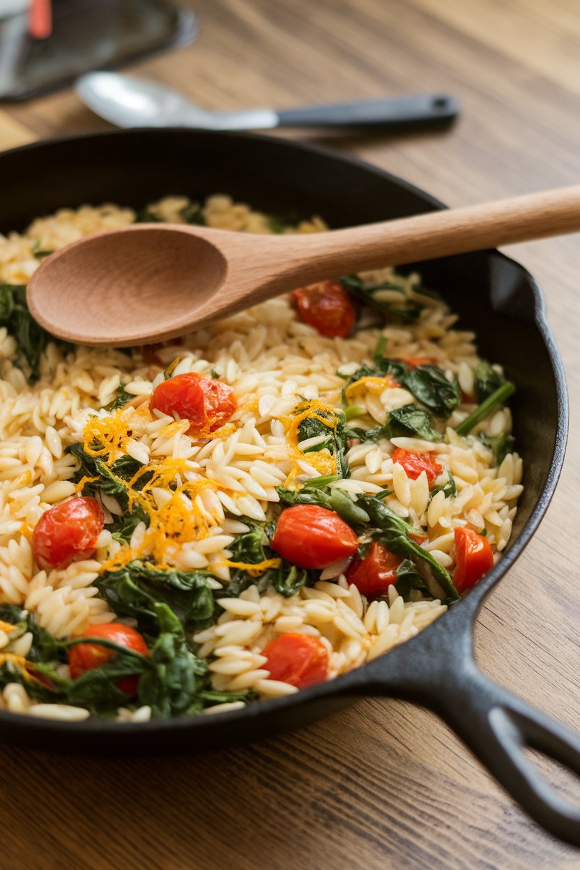 Photo prompt: A cast-iron skillet on an indoor table with orzo pasta, spinach, cherry tomatoes, and lemon zest, wooden spoon resting on edge. No text or logos.