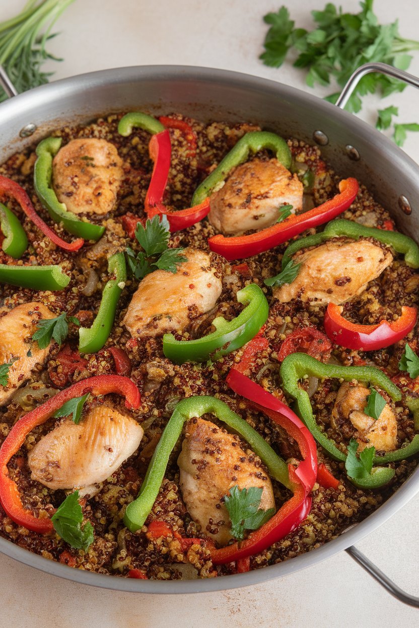 Indoor food photo of colorful quinoa paella studded with chicken and peppers in a shallow pan; parsley sprinkled, no text or logos.