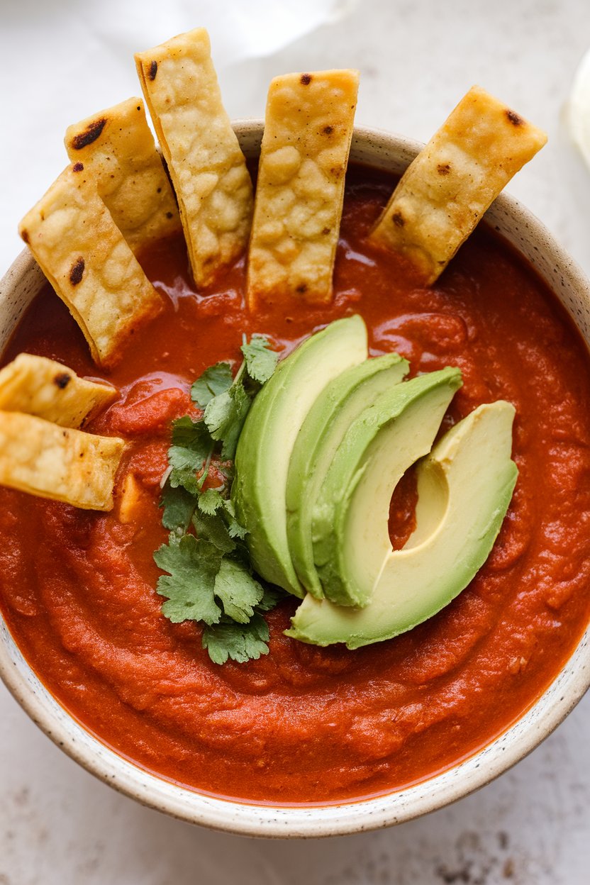 Indoor photo of tomato-based tortilla soup with baked tortilla strips sticking out, avocado garnish; no text or logos