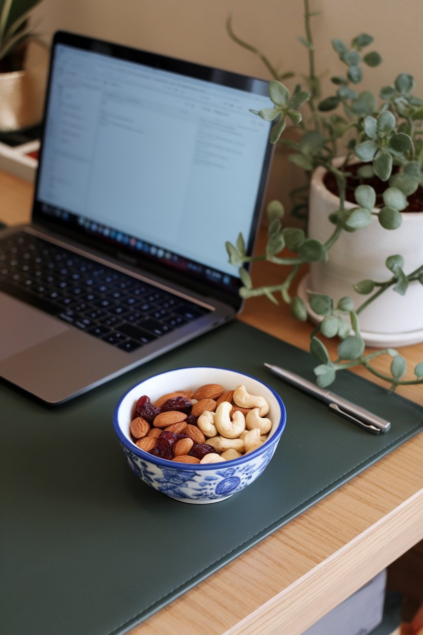 Indoor office desk with a small porcelain bowl holding almonds, cashews, and dried cranberries. No text or logos, photo not illustration.