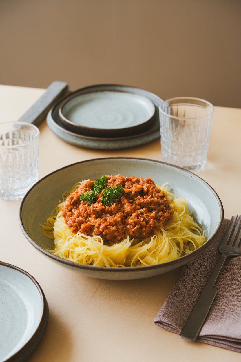 An indoor dining table featuring a bowl of spaghetti squash strands topped with chunky turkey Bolognese sauce, parsley sprinkled over. No text or logos present.