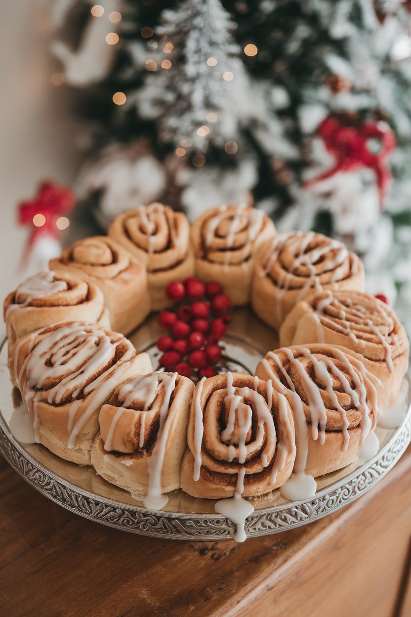 A round cinnamon roll wreath indoors on a festive platter, icing drizzled, red berries for garnish, no text or logos. Photo.