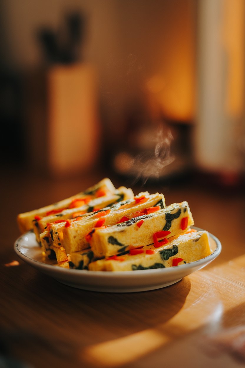A warmly lit indoor kitchen table showing a small plate of rectangular omelette sticks dotted with finely chopped bell peppers and spinach; steam rising slightly; no text or logos.