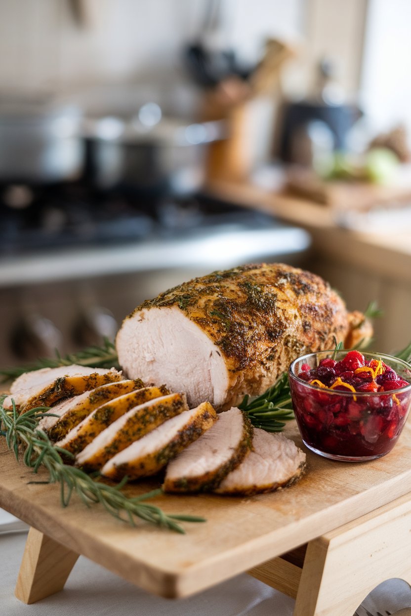 A cutting board indoors showing sliced herb-crusted turkey tenderloin accompanied by bright cranberry relish; no text or logos.