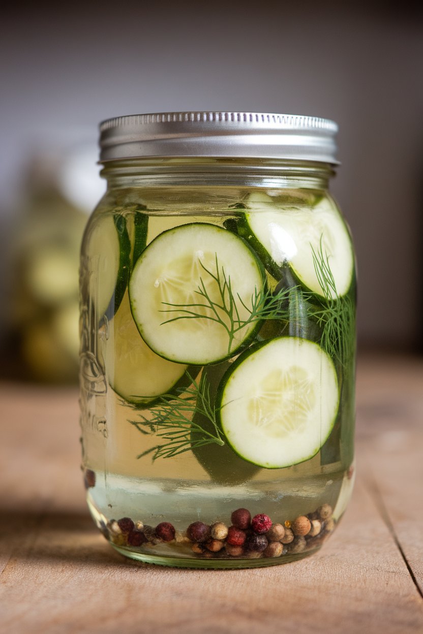 Indoor photo of a mason jar filled with sliced cucumbers, dill, and peppercorns submerged in clear brine; no text or logos.