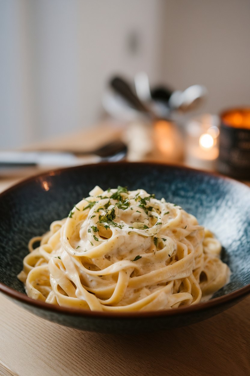 A bowl indoors featuring fettuccine coated in creamy white sauce and sprinkled with parsley; photo only, no text or logos.