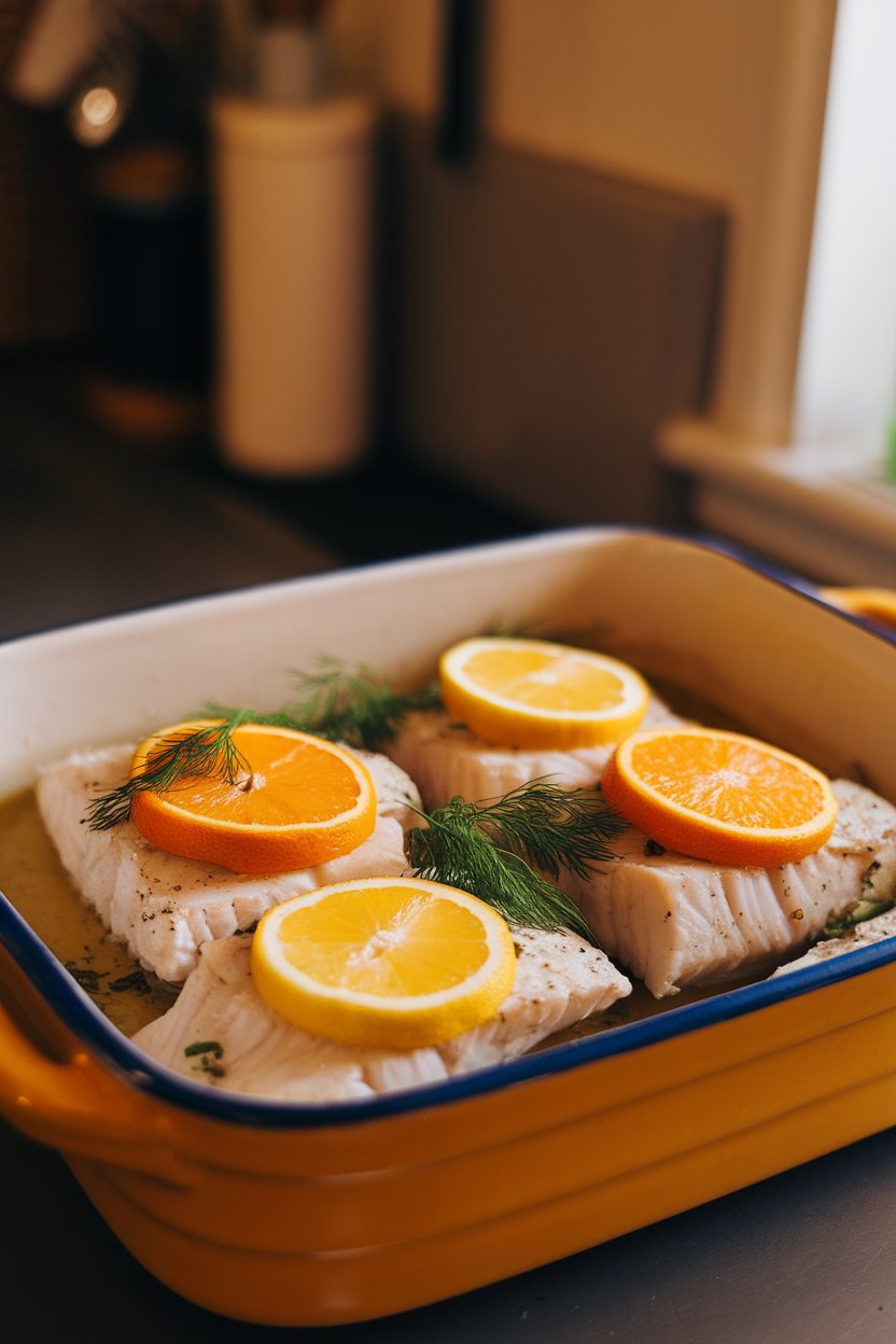 Photo of a ceramic dish with cooked cod fillets topped with orange and lemon slices plus fresh dill, all indoors on a countertop. Fish fully cooked; no text or branding visible.