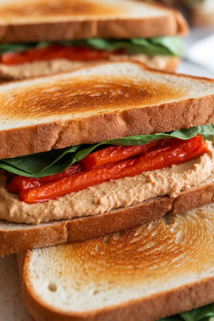 Indoor close-up of a toasted whole-grain sandwich layered with roasted red peppers, hummus, and spinach. No text or logos.
