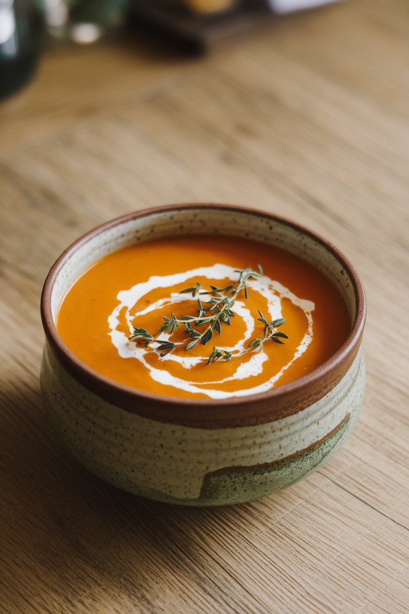A smooth orange soup in a ceramic bowl on an indoor table, garnished with a swirl of coconut milk and fresh thyme. No text or logos.