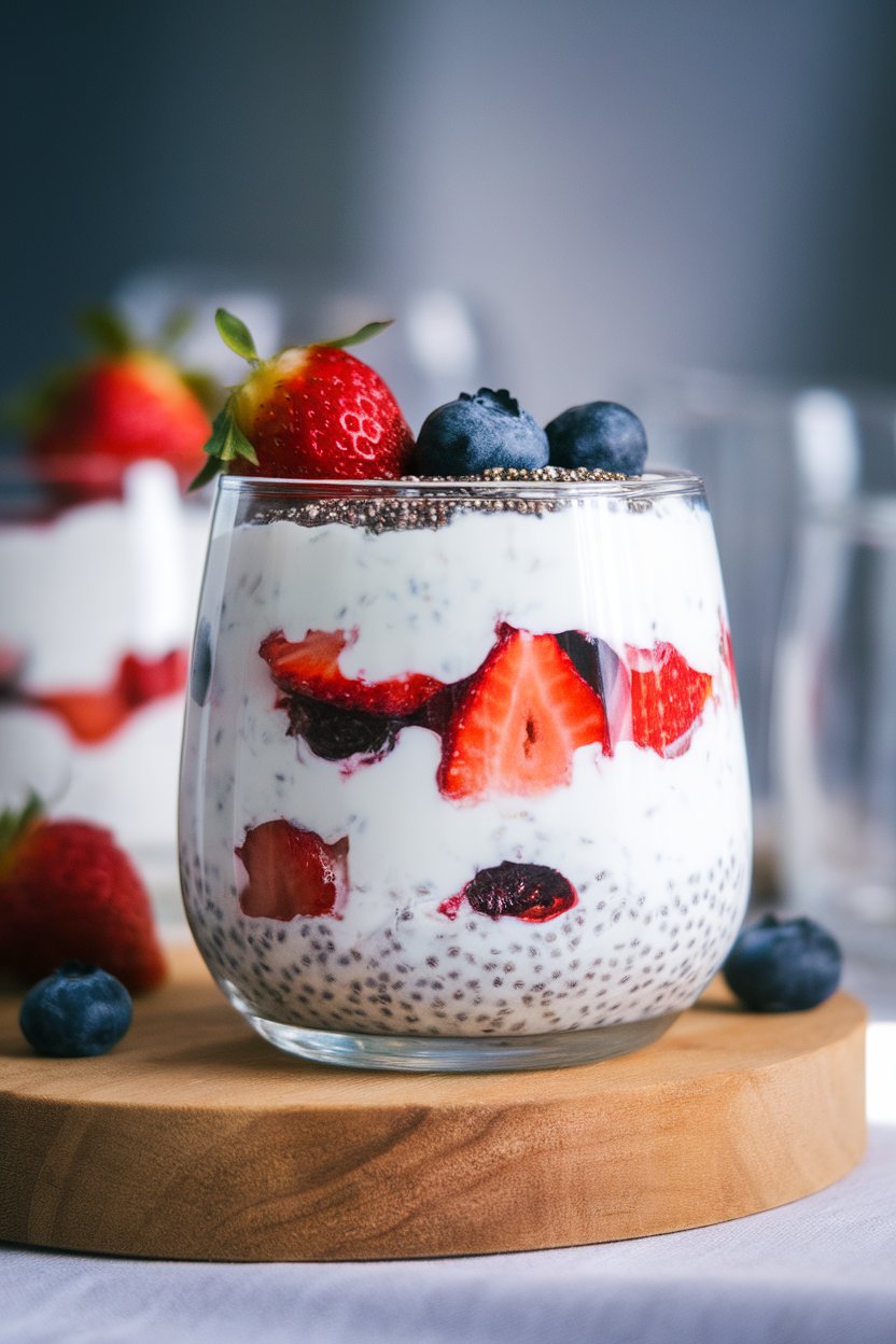 Indoor photo of a clear glass filled with layers of thick Greek yogurt, strawberries, blueberries, and a sprinkle of chia seeds on top, soft morning light, no text or logos