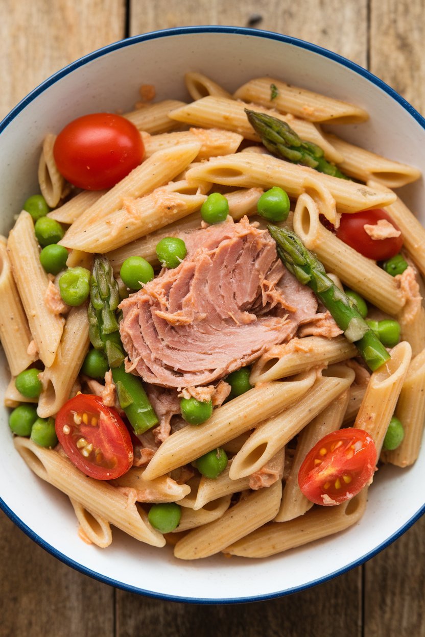Indoor bowl of whole-wheat penne tossed with tuna and mixed spring vegetables, no branding.