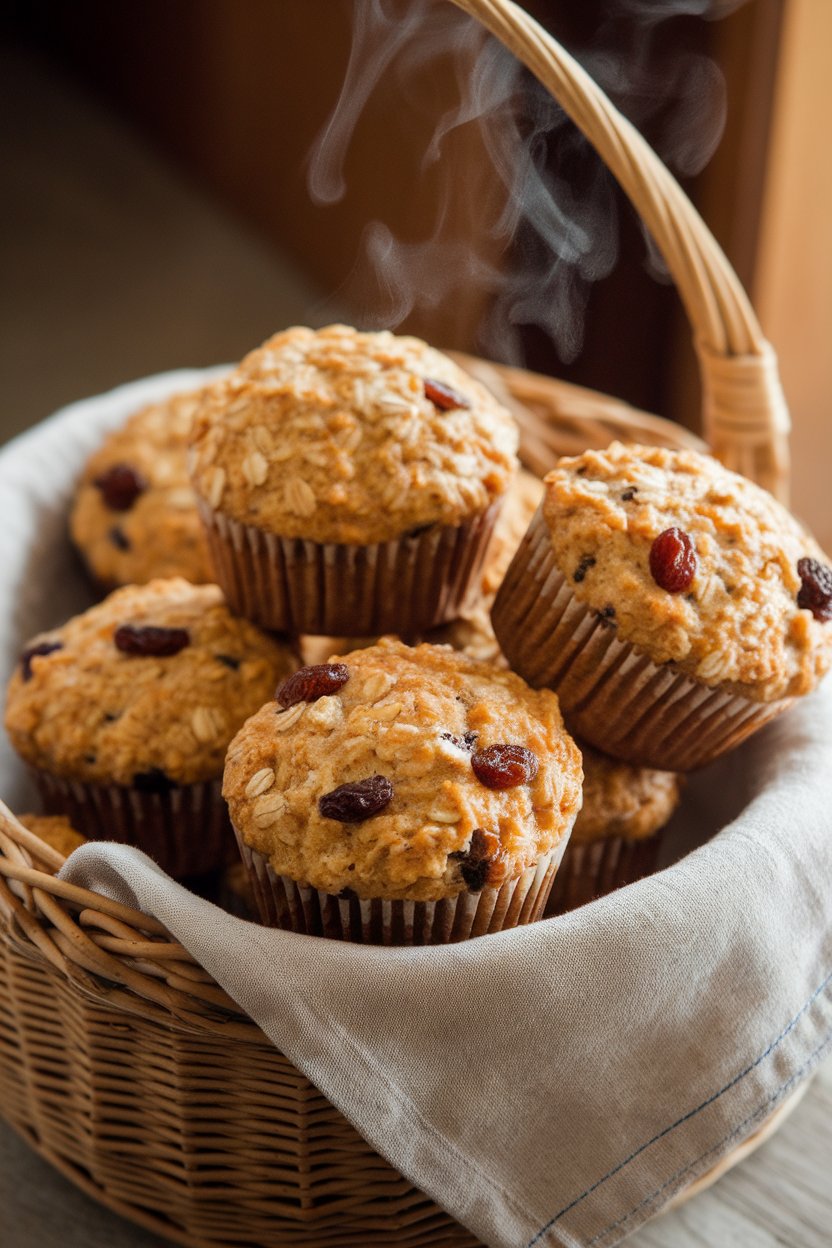 Basket indoors holding several golden oat bran muffins speckled with raisins, a linen napkin underneath. Photo only, no text or logos.