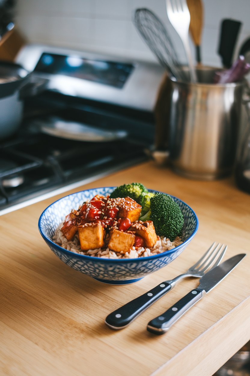 An indoor kitchen island with a bowl of brown rice topped by chili-glazed tofu cubes, steamed broccoli, and sesame seeds; steam visible, no text or logos; photo