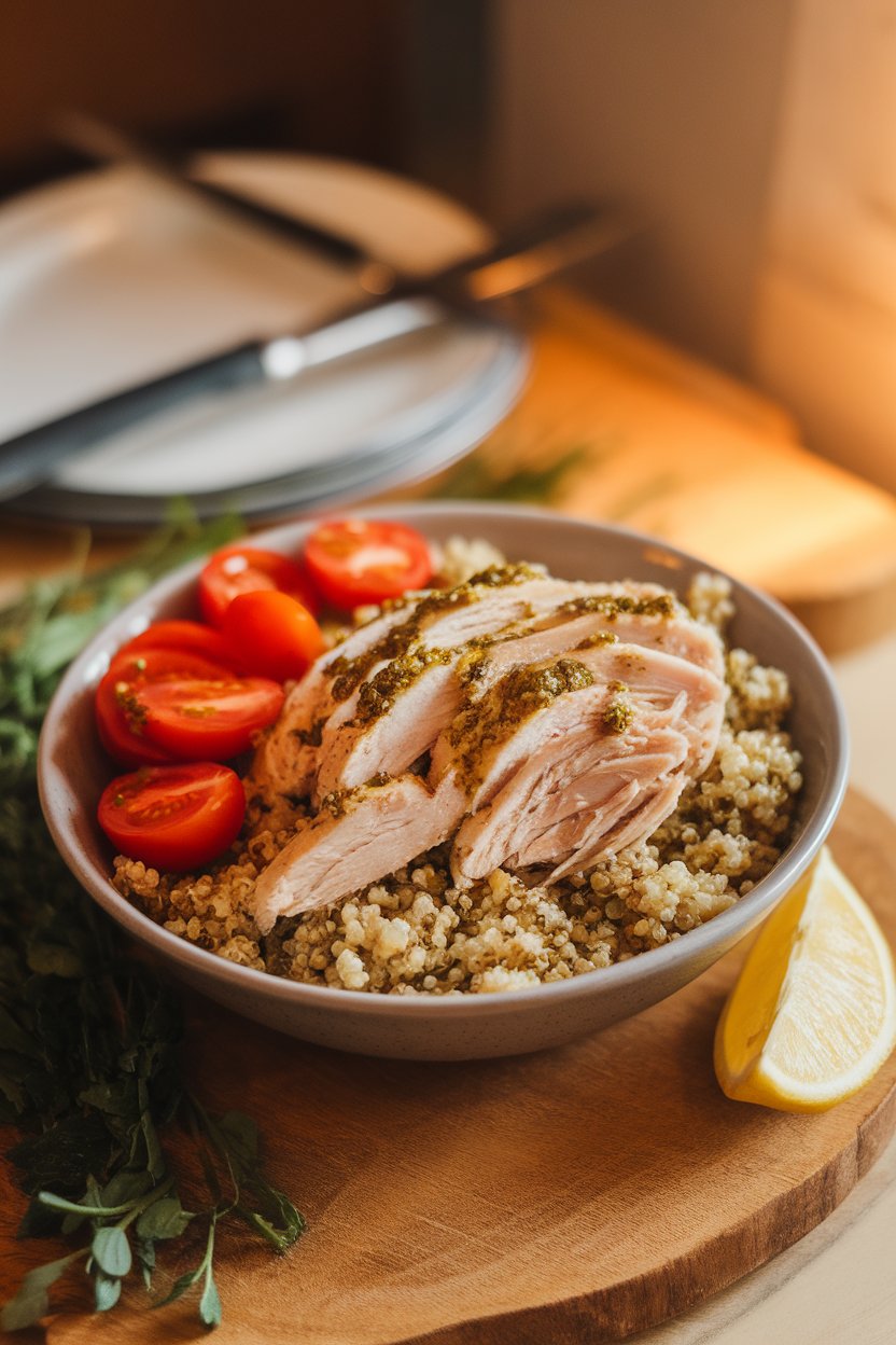 An indoor photo of a bowl filled with pesto-coated quinoa, shredded rotisserie chicken, and cherry tomato halves, warm lighting, no logos.