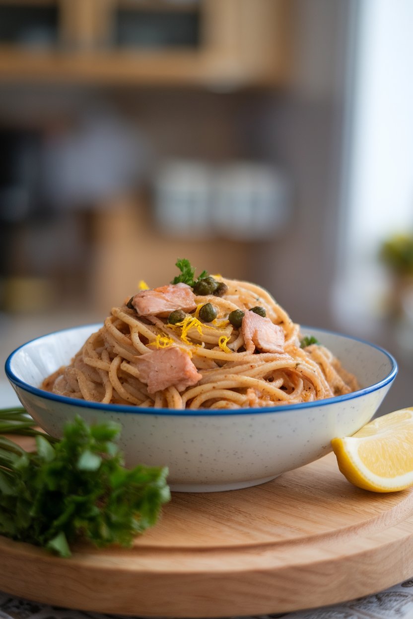 Indoor bowl of cooked whole-grain spaghetti tossed with flaked mackerel, capers, parsley, and lemon zest. No text or logos visible.