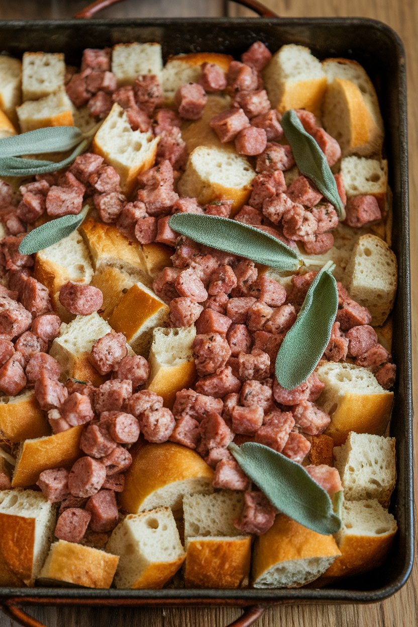 A rustic indoor baking dish brimming with cubed bread, crumbled sausage, and fresh sage leaves, browned on top. No text or logos. Photo only.