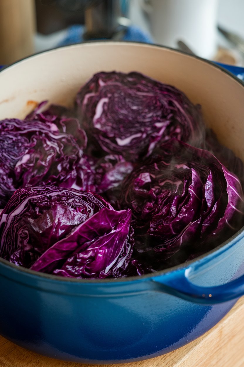 A ceramic Dutch oven indoors filled with tender cooked red cabbage tinted deep purple, steam visible. No text or logos.