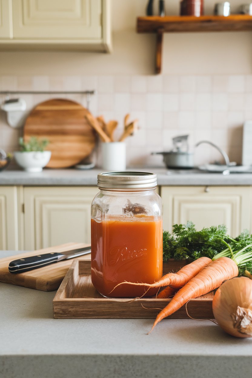Photo of an indoor kitchen countertop featuring a jar of homemade vegetable stock made from leftover carrot tops and onion skins. No text or logos in the shot.