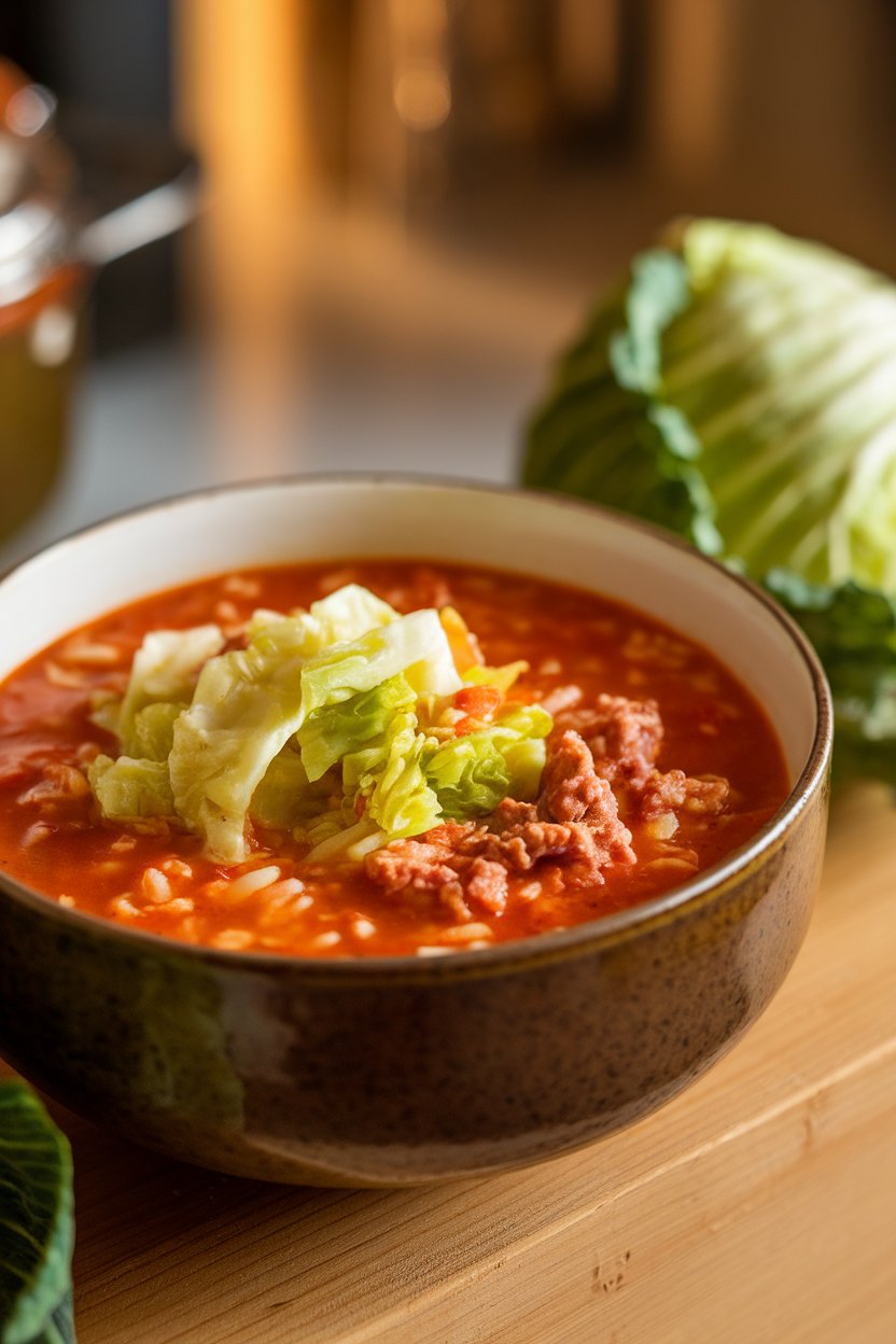 Indoor photo of chunky soup featuring green cabbage, rice, and tomato broth with lean ground turkey; no text or logos