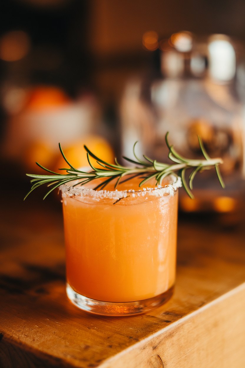 Indoor photo, coupe of bright tangerine margarita, rosemary skewer resting across rim; no text or logos.