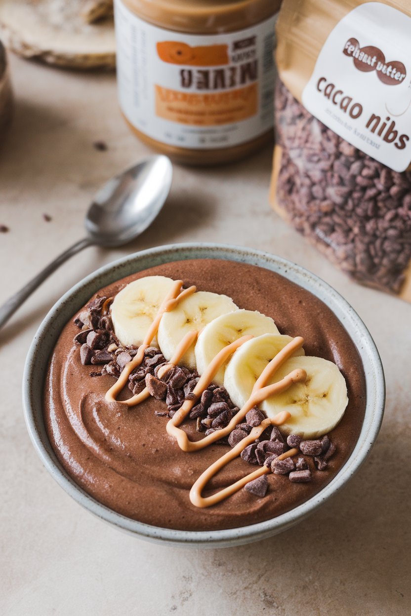 Indoor countertop view of a thick chocolate smoothie in a bowl, topped with sliced banana, peanut butter drizzle, and cacao nibs. No text or logos present.