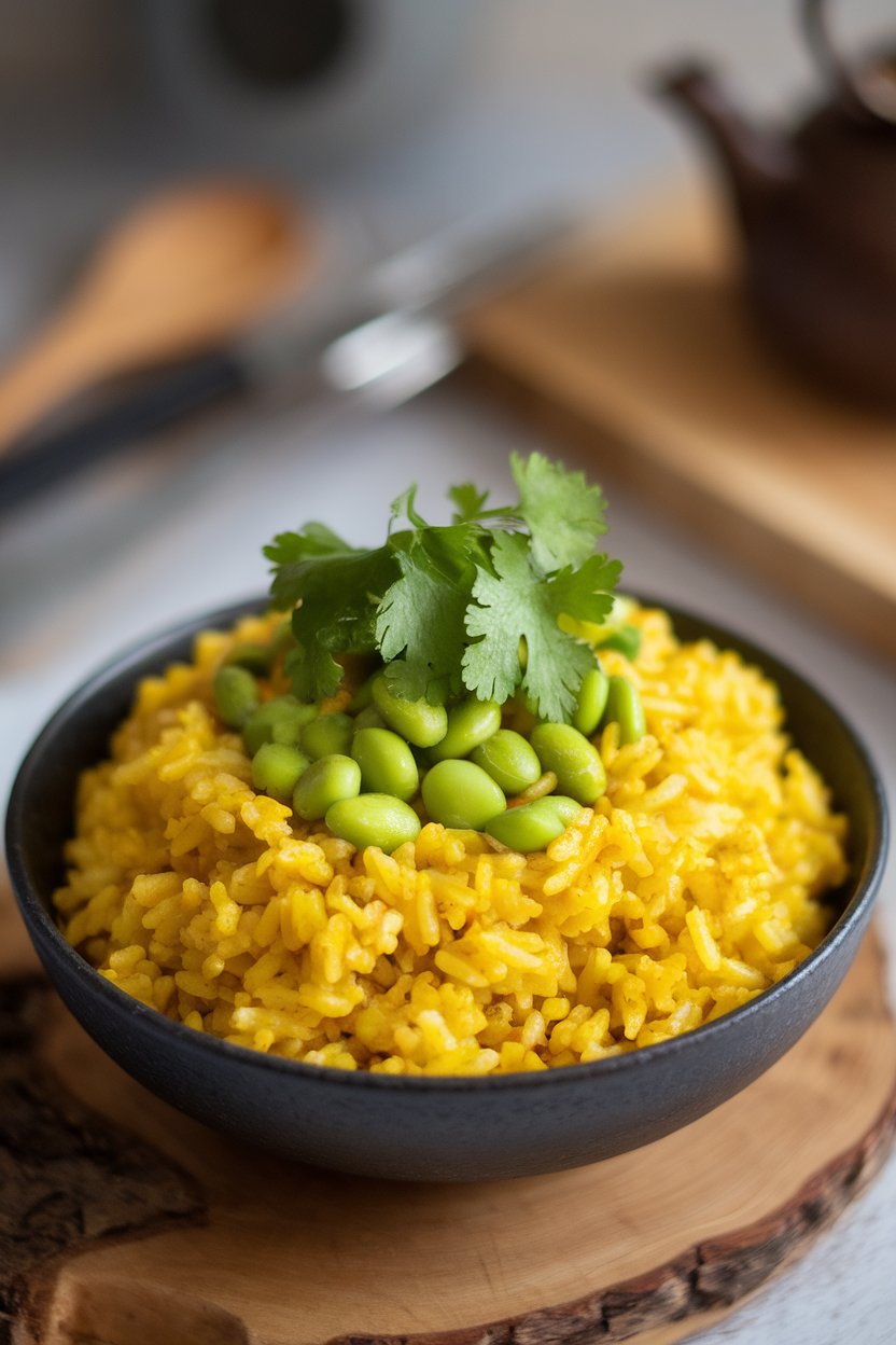 Photo, indoors, bowl of yellow turmeric coconut rice dotted with bright green edamame and cilantro. No text or logos.