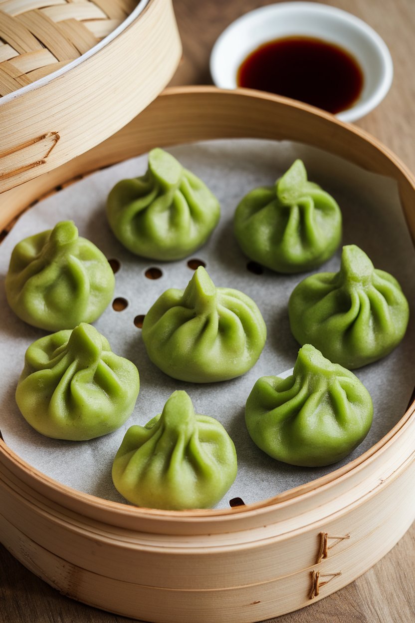 Indoor bamboo steamer photo of plump green edamame dumplings on parchment rounds, a small dish of soy sauce adjacent. No text or logos.