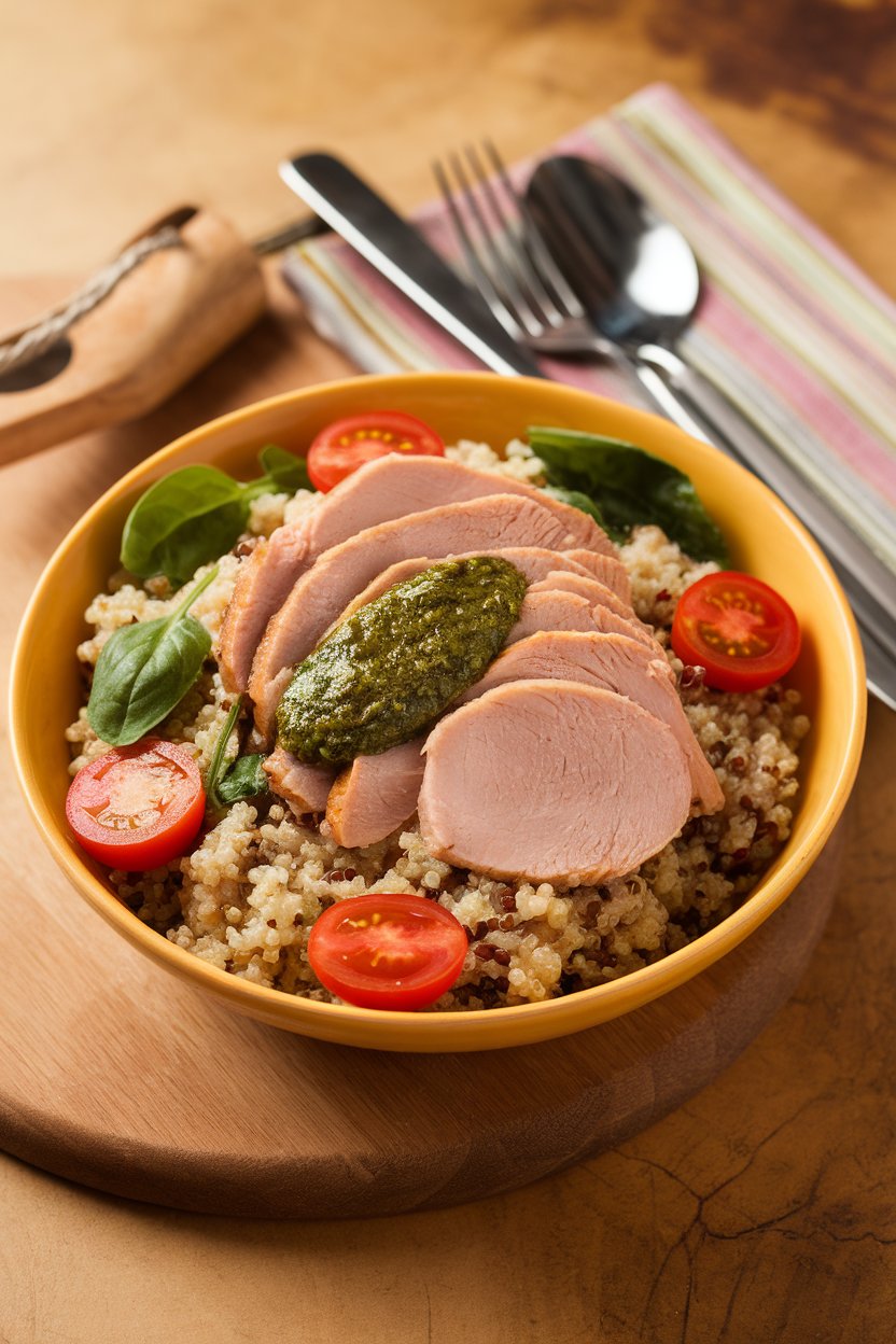 Indoor lunch table showcasing a colorful bowl of quinoa tossed with sliced turkey breast, cherry tomatoes, baby spinach, and a spoonful of basil pesto. Photo, no text or logos visible.