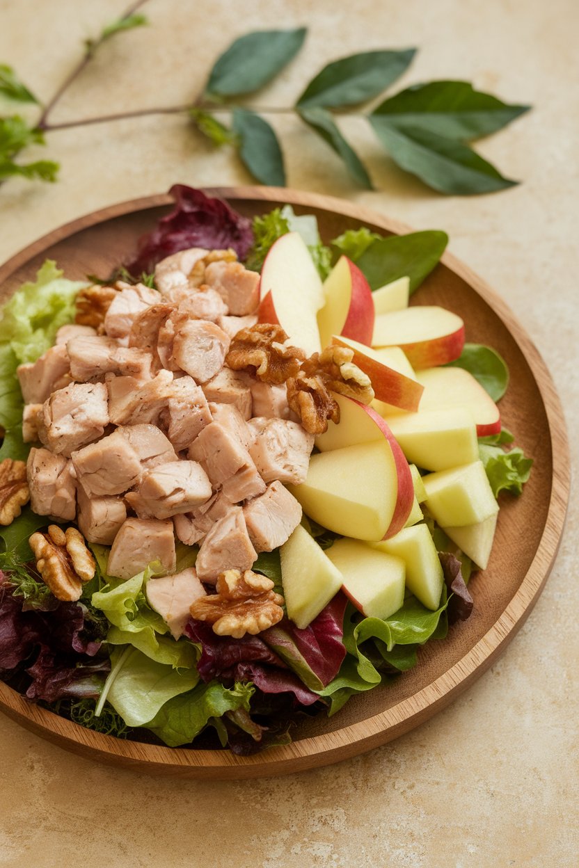 An indoor salad plate with diced cooked chicken, apple cubes, walnuts, and celery on mixed greens. No text or logos.