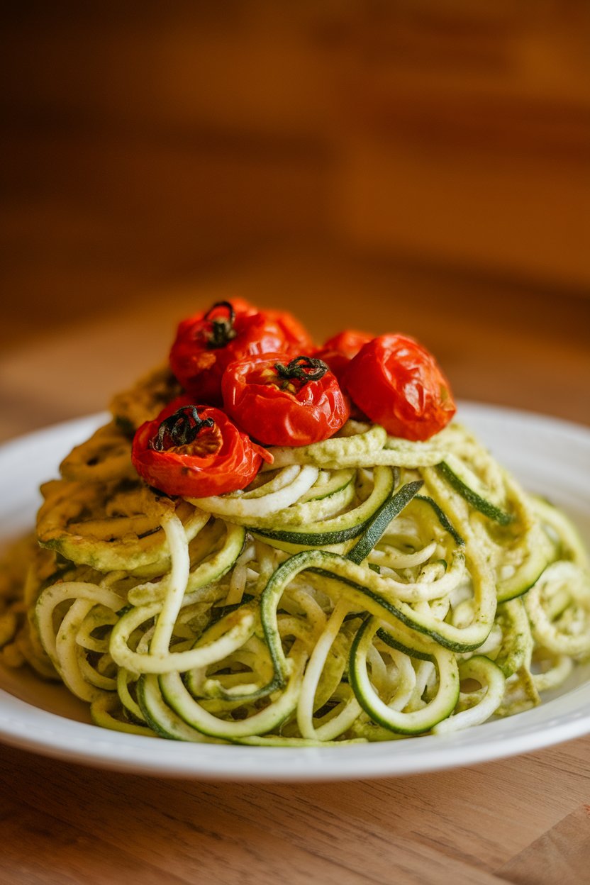 An indoor plate of spiralized zucchini noodles tossed in bright green pesto, topped with roasted cherry tomatoes; no text or logos; photo.