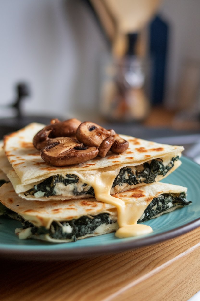 Indoor plate with wedges of spinach-mushroom goat cheese quesadilla, sautéed mushrooms visible, photo, no text or logos.