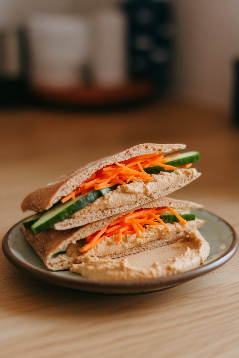 Half of a whole-wheat pita filled with hummus, cucumber sticks, and shredded carrot on a small plate indoors. Photo only; no logos or text.