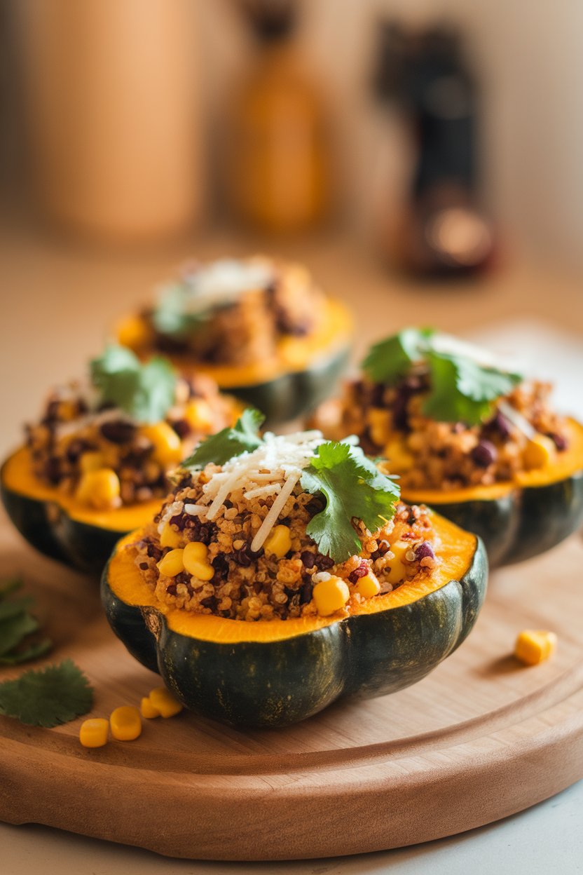 Indoor photo of acorn squash halves filled with quinoa, black beans, corn kernels, and cilantro, no logos.