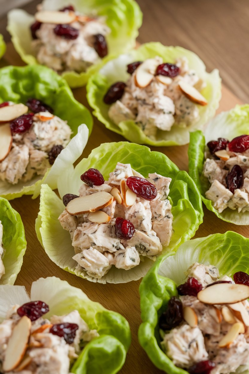 Indoor photo of butter lettuce leaves holding chicken salad dotted with dried cranberries and sliced almonds, arranged neatly. No logos or text.