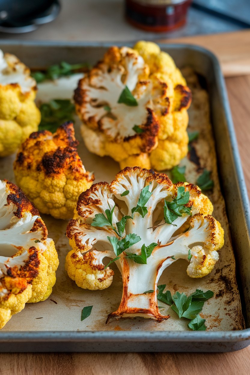 Indoor photo of thick cauliflower slices coated in red harissa paste, roasted on a baking tray, garnished with parsley. No text or logos.