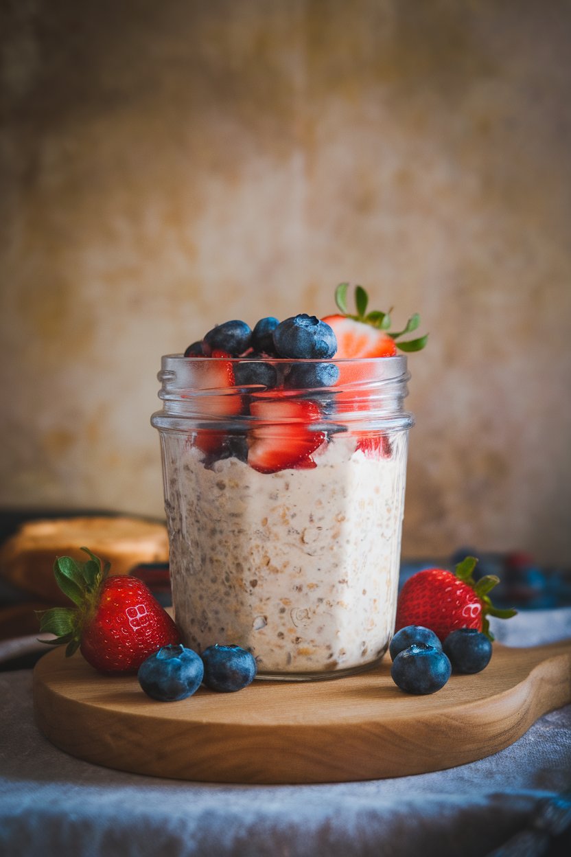 A chilled glass jar of overnight oats topped with blueberries and strawberries, photographed on an indoor countertop under soft morning light. No text or logos present.