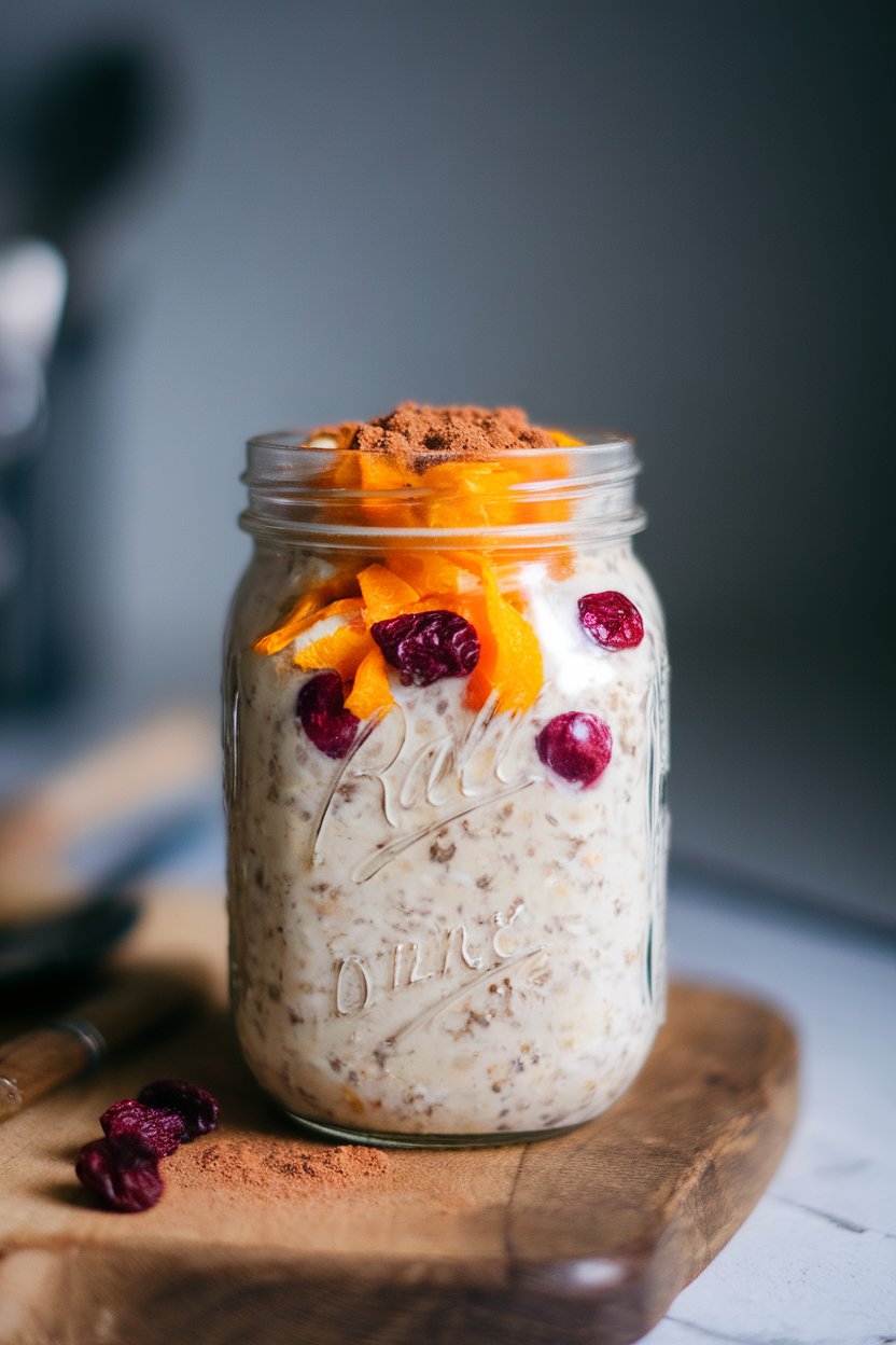 A mason jar indoors of overnight oats dotted with dried cranberries and bright orange zest, photographed at a slight angle. No logos or text.