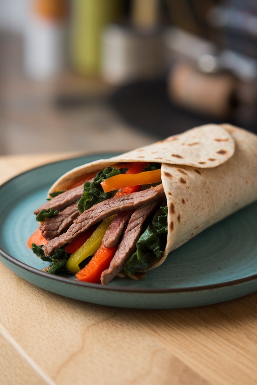 Indoor plate displaying a wrap stuffed with thin teriyaki beef strips, sautéed bell peppers, and kale in a whole-wheat tortilla. No branding.