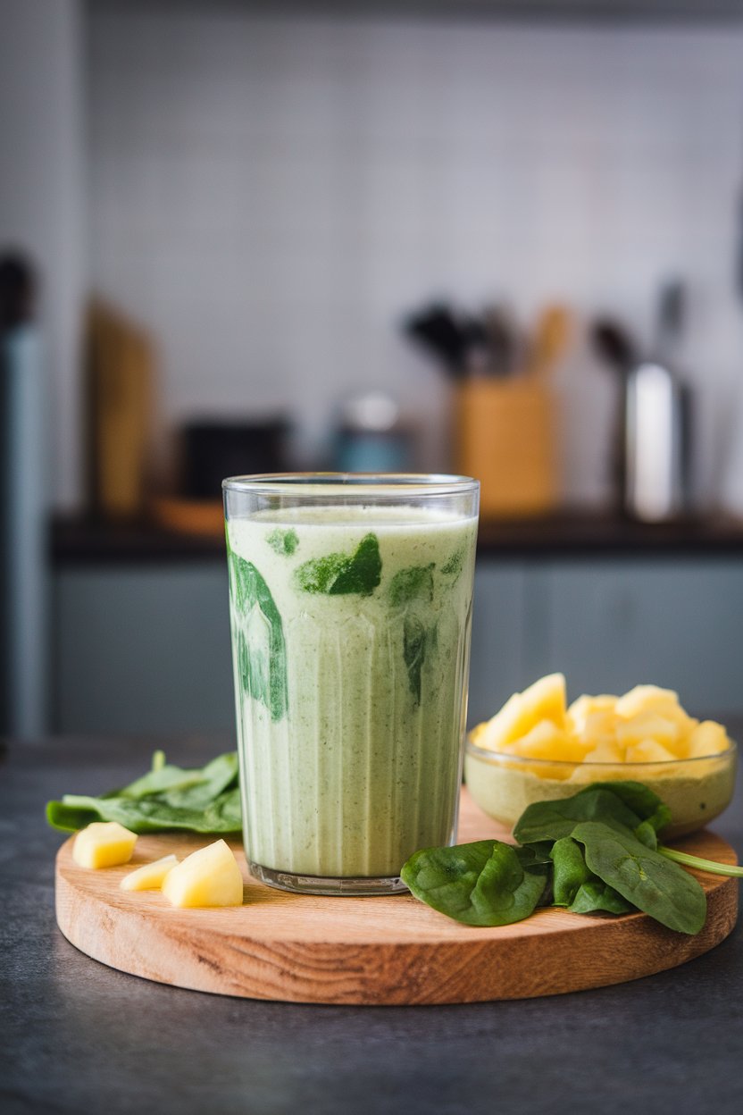 Photo of a clear glass filled with a vibrant green smoothie beside a small dish of spinach leaves and pineapple chunks on an indoor counter. No text or logos present.