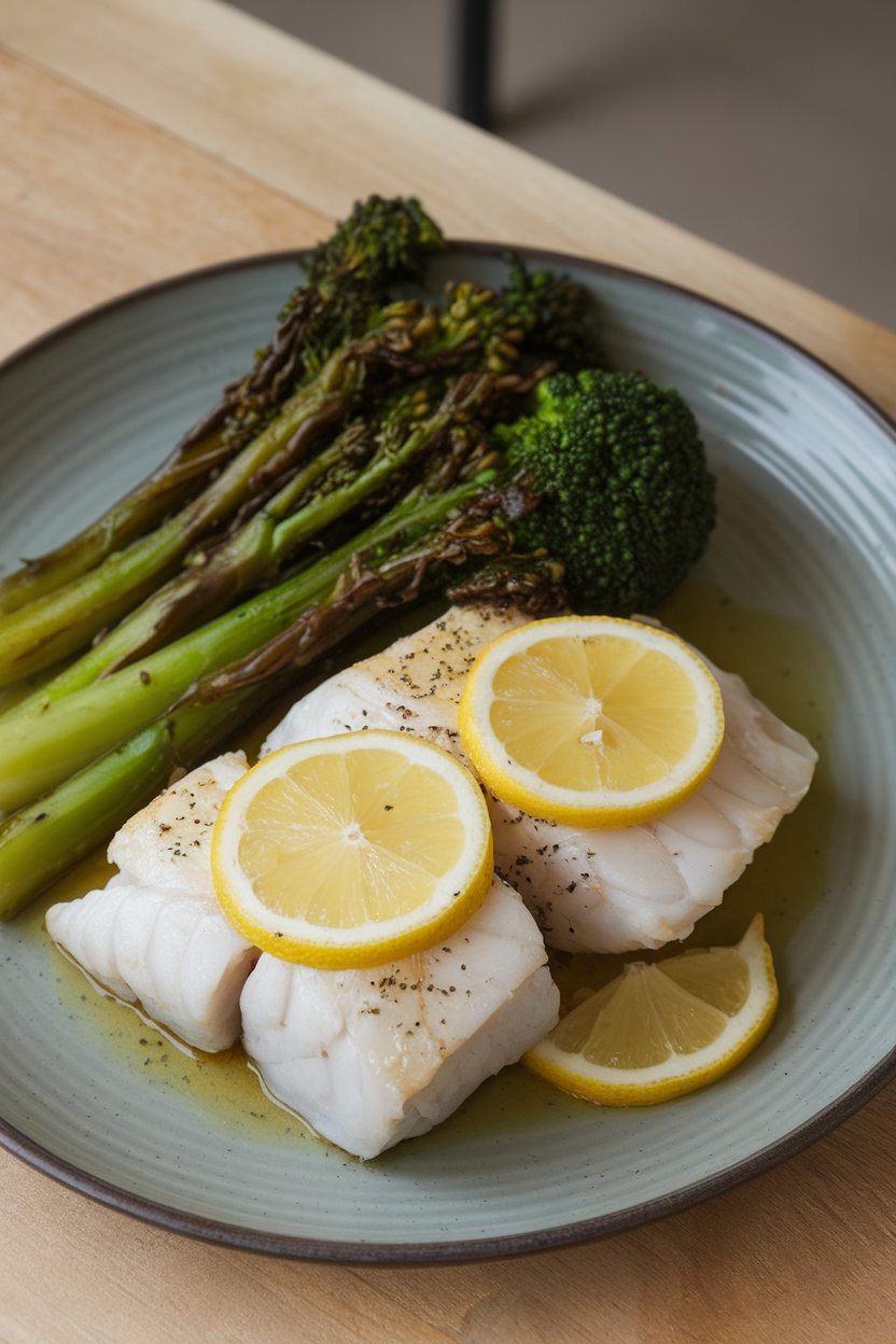 Indoor plate featuring flaky cod fillet topped with lemon slices, beside a heap of bright steamed broccoli rabe. No raw fish, no text or logos.