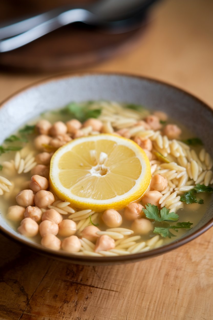 Indoor bowl of light broth with orzo pasta, chickpeas, and lemon wheel garnish. No branding or text.