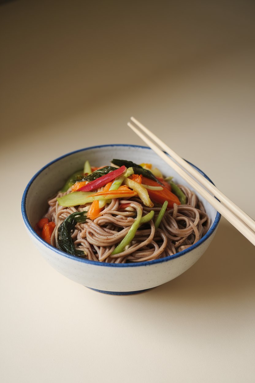 Indoor photo of a bowl of cooked soba noodles tossed with colorful sautéed vegetables, pair of chopsticks resting on rim, no text or logos