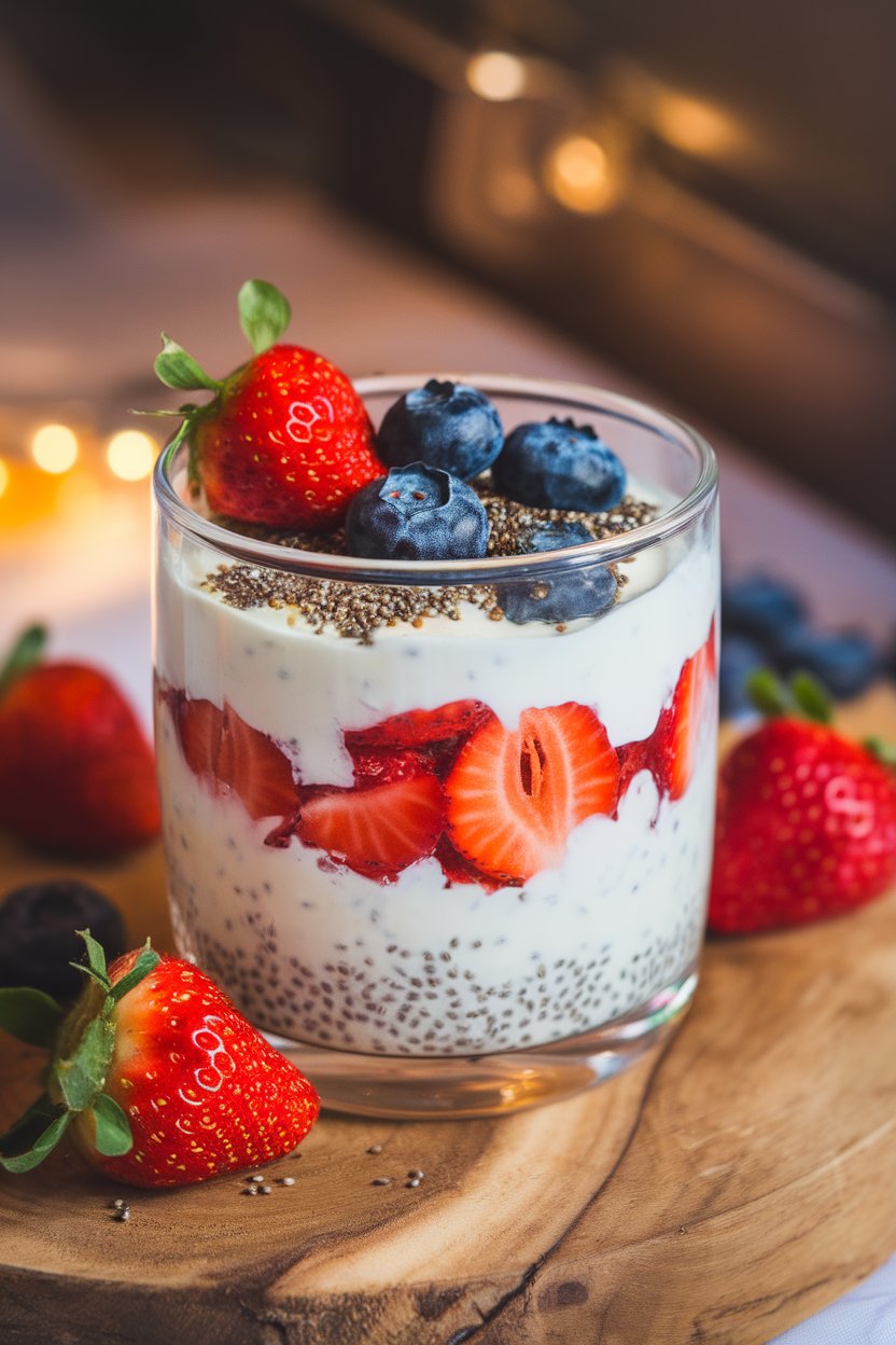 Photo of a clear glass cup layered indoors with creamy Greek yogurt, fresh strawberries and blueberries, and a sprinkle of chia seeds on top; warm soft lighting, no text or logos in view.